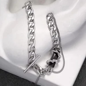 Bracciale punk a catena avvolto in filo di ossidiana nera